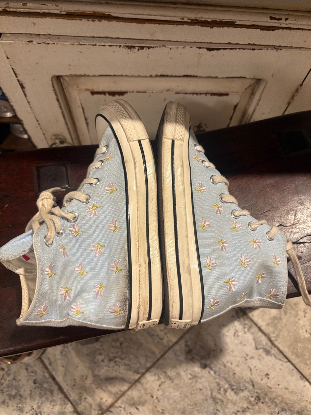 Converse Light Blue High Top Sneakers with Pink Floral Embroidery - Picture 5 of 9